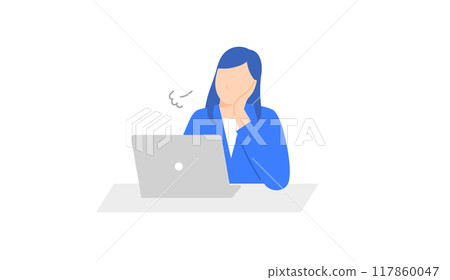 Illustration of a business woman sighing while resting her chin on her hand in front of a PC 117860047