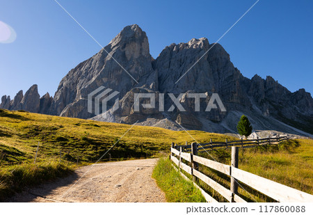 Munt de Fornella, rustic fence and alpine meadow in Dolomites mountains. Beauty of mountains world, South Tyrol, Italy Munt de Fornella, rustic fence and alpine meadow in Dolomites mountains. Beauty of mountains world, South Tyrol, Italy 117860088