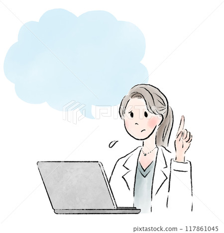 一位面容困擾、講話泡泡蓬鬆的女醫生在網路上諮詢時交談 117861045