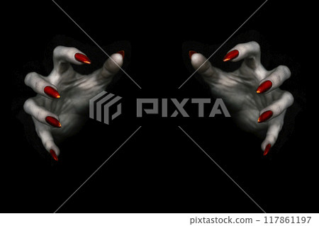 Deadly hands of vampire or monster with sharp bloody red nails in the dark. Witchy fingers hold something invisible, low key, selected focus. Deadly hands of vampire or monster with sharp bloody red nails in the dark. Witchy fingers hold something invisible, low key, selected focus. 117861197