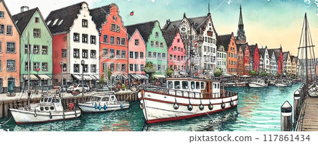 海外港口小鎮風景3：沿河色彩繽紛的房屋和停泊在港口的船隻，水彩風格[AI生成圖像] 117861434