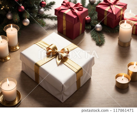 Lovely Christmas background with gifts and decorations Lovely Christmas background with gifts and decorations 117861471