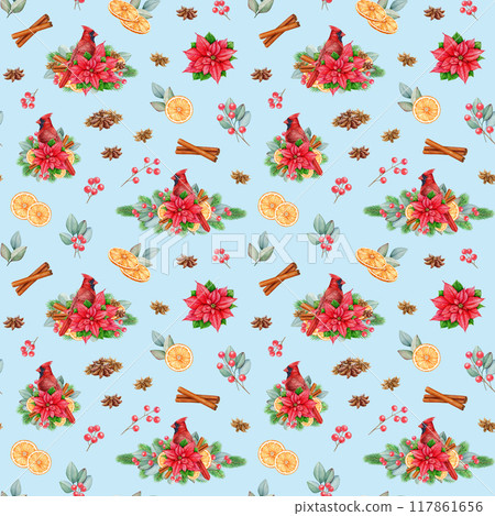 Winter festive seamless pattern with spices, red cardinal bird. Watercolor illustration. Painted winter mood floral decor with pine twigs, eucalyptus, spices, cinnamon, red bird. Blue background Winter festive seamless pattern with spices, red cardinal bird. Watercolor illustration. Painted winter mood floral decor with pine twigs, eucalyptus, spices, cinnamon, red bird. Blue background 117861656