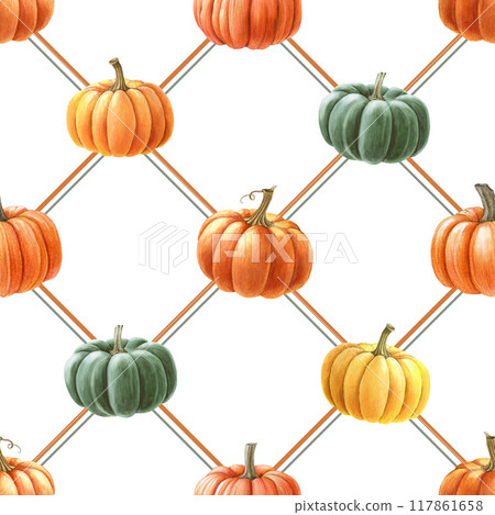 Autumn mood pumpkin seamless pattern. Watercolor painted illustration. Painted different autumn ripe pumpkins decor. Thanksgiving collection pattern for printing textile, fabric, wallpaper, wrapping 117861658