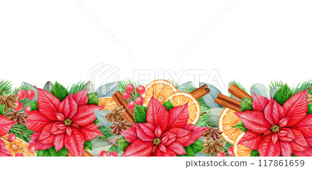 Winter season floral festive seamless border decor with spices, fruit, conifer, eucalyptus. Watercolor vintage style illustration. Christmas decor seamless border element isolated on white background Winter season floral festive seamless border decor with spices, fruit, conifer, eucalyptus. Watercolor vintage style illustration. Christmas decor seamless border element isolated on white background 117861659