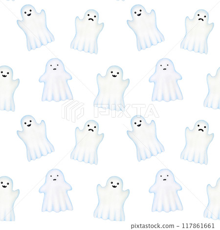 Halloween funny ghosts decor seamless pattern. Hand drawn illustration. Spooky ghost and spirit elements fly on white background. For Halloween decoration gift packaging, printing, wrapping paper Halloween funny ghosts decor seamless pattern. Hand drawn illustration. Spooky ghost and spirit elements fly on white background. For Halloween decoration gift packaging, printing, wrapping paper 117861661