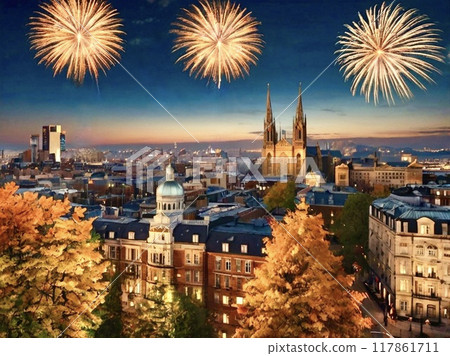 秋季歐洲城市景觀與煙火 117861711