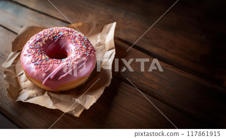 Delicious strawberry chocolate donuts on a wooden table 117861915