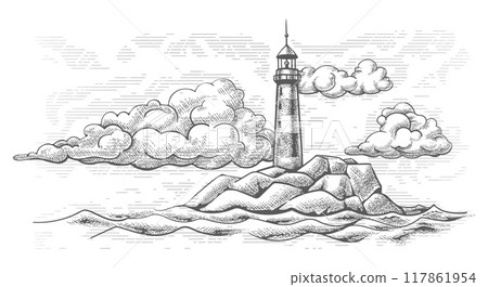 Lighthouse engraving illustration 117861954