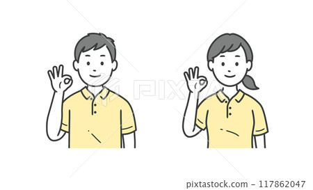 Upper body illustration of male and female caregivers making an OK pose 117862047
