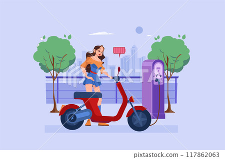 Woman charges the electric bike at Electronic Vehicle center 117862063