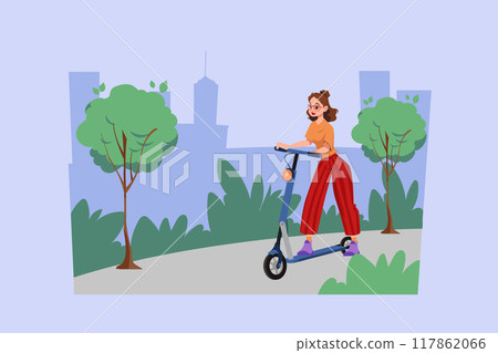 Woman riding electronic vehicle scooter Woman riding electronic vehicle scooter 117862066