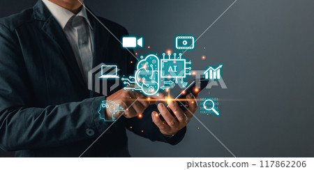 Man touch icon ai and use smartphone, Marketers education, research, analyze media video streaming content creation and online marketing strategies to grow their digital business. 117862206