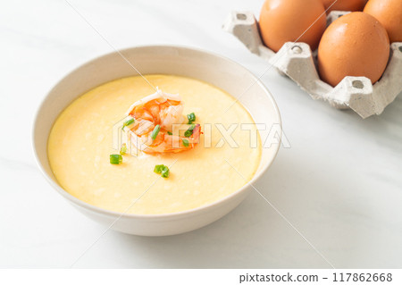 Steamed egg with shrimp and spring onions 117862668