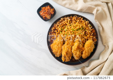 Korean instant noodles with fried chicken or Fried chicken ramyeon 117862673