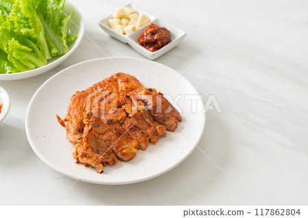 grilled pork marinated Kochujang sauce in Korean style with vegetable and kimchi 117862804