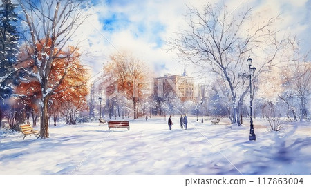 Winter urban oasis - watercolor landscape of a snow-covered park Winter urban oasis - watercolor landscape of a snow-covered park 117863004