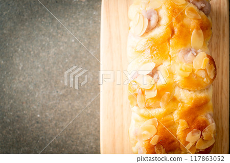 taro toast bread on wood board 117863052