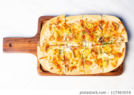 tart flambe seafood pizza on wood board tart flambe seafood pizza on wood board 117863059