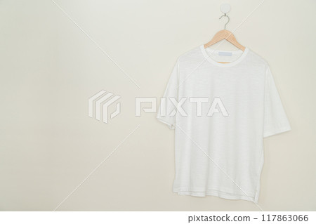 t-shirt hanging with wood hanger 117863066