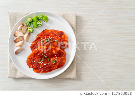 pork Korean marinated or fresh pork raw marinated with Korean spicy paste 117863098