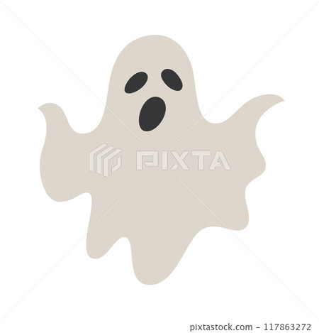 Vector illustration of simple, flat design ghost, spooky and cute creature. Perfect for Halloween themed designs, decorations, and fun yet eerie projects. Playful and haunting appearance 117863272