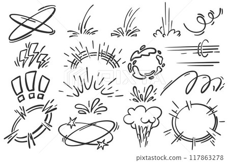 Cartoon bomb boom effect. Vector bang burst and splashes elements. Doodle pow and smoke speed lines. Hand drawn bubbles and flash motion graphic 117863278