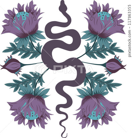 Snake in beautiful flowers and leaves, print for shoppers, mugs, notebooks, posters, T-shirts, tales, calendars. Year of the Snake 2025. Flowers in the style of William Morris 117863355