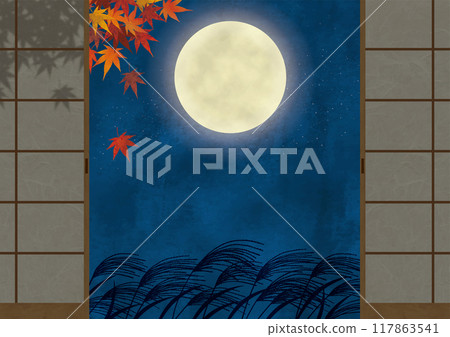 中秋豐收月 從日式房間看到的滿月、蒲葦和秋葉水彩畫 117863541