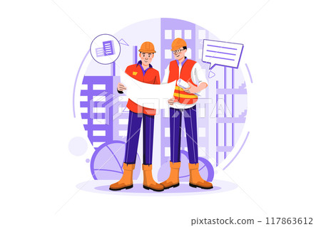 Construction workers discussing on building plan Construction workers discussing on building plan 117863612