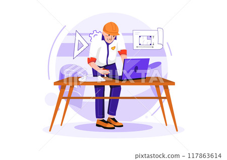 Man contractor working on laptop 117863614