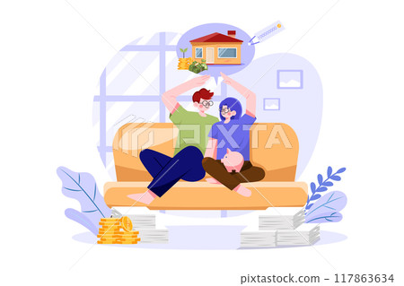 Couple sitting on the sofa thinking about new house Couple sitting on the sofa thinking about new house 117863634