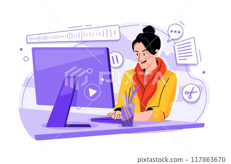 Woman editing podcast at the studio Woman editing podcast at the studio 117863670