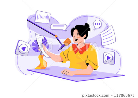 Woman reading podcast script Woman reading podcast script 117863675