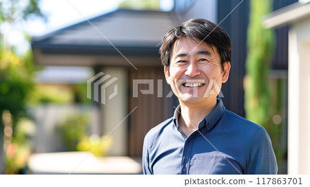 一個男人微笑著站在自家門前 一個男人微笑著站在自家門前 117863701