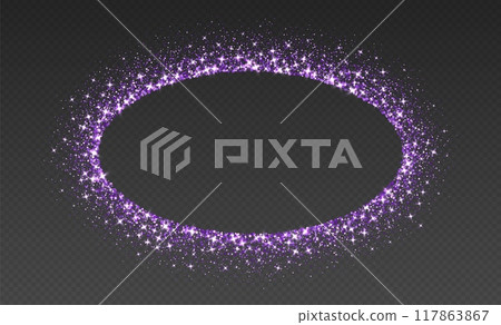 Purple glitter frame, shimmering border in oval shape, festive holiday sparkles. Christmas decoration. 117863867