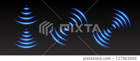 WiFi light effect, sound wave icons, radar signal concept. Blue wireless network glowing elements 117863868