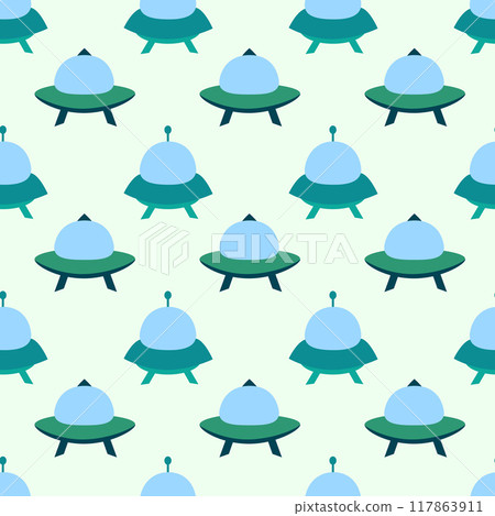 Alien spaceship, spacecrafts and UFO Seamless Pattern. Cosmic ship in form saucer for transportation. Children design. Vector cartoon flat illustration. 117863911
