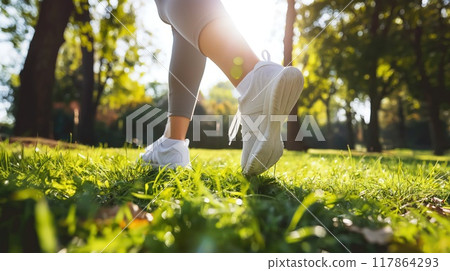Athletic fitness girl running in the park in nature. Generative AI 117864293