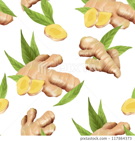 Ginger roots and leaves seamless pattern. Hand drawn background for kitchen textile, organic spicy food packaging, vegan menu or herbal tea Ginger roots and leaves seamless pattern. Hand drawn background for kitchen textile, organic spicy food packaging, vegan menu or herbal tea 117864373