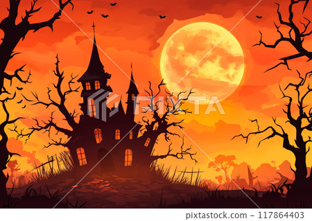 Full moon and silhouette of a haunted house 117864403