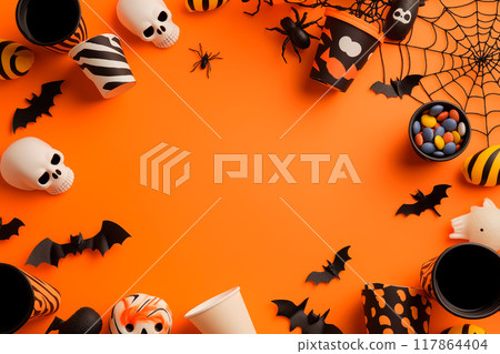 Halloween skulls and bats on orange background 117864404