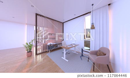 Living room with large windows 117864446