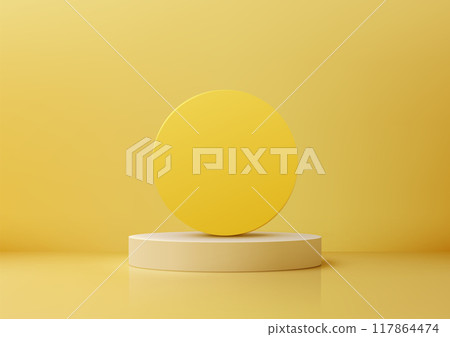 Minimalist 3D Yellow Circle and White Podium Against Bright Background, Modern Display for Product Mockup 117864474