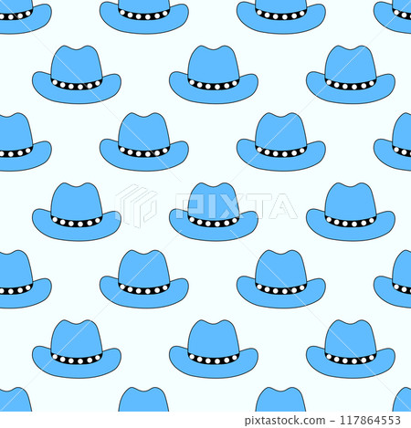 Seamless Pattern with retro Cowboy blue hat. Western and wild west theme background. Hand drawn vector flat illustration. 117864553