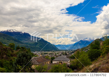 Panoramic view from a hill over City of Sion with and Swiss Alps in Canton Valais, Switzerland 117864702
