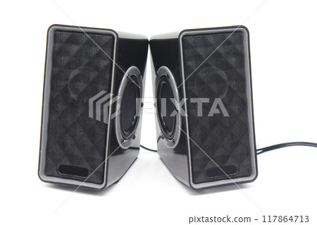 A picture of electric speakers with selective focus 117864713