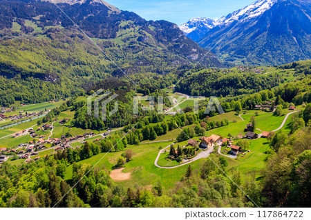 Panoramic view of Meiringen, near Reichenbach falls (Reichenbachfall) at the Swiss Alps in Switzerland Panoramic view of Meiringen, near Reichenbach falls (Reichenbachfall) at the Swiss Alps in Switzerland 117864722