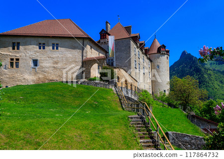 Exterior of medieval Gruyeres castle in Gruyeres town, Fribourg Canton, Switzerland Exterior of medieval Gruyeres castle in Gruyeres town, Fribourg Canton, Switzerland 117864732