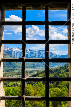 Close-up metal grating on window or prison cell 117864744